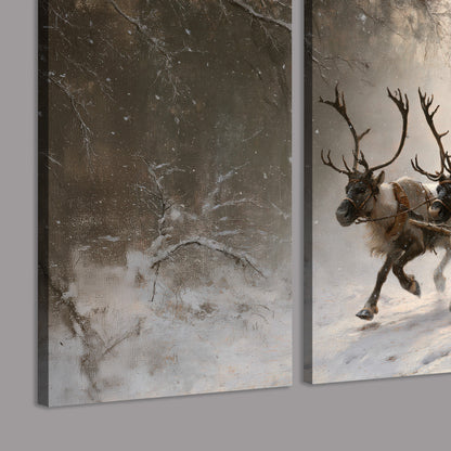 Santa riding a reindeer-drawn sleigh along a winding snowy woodland path 3 piece canvas wall art room and product view