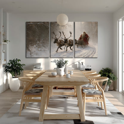 Santa riding a reindeer-drawn sleigh along a winding snowy woodland path 3 piece canvas wall art room and product view