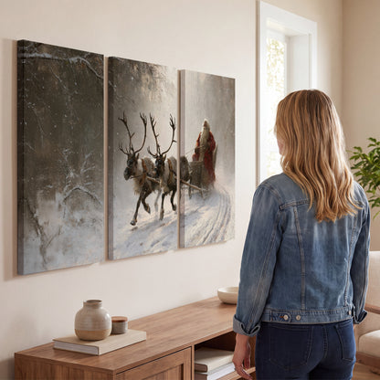 Santa riding a reindeer-drawn sleigh along a winding snowy woodland path 3 piece canvas wall art three panel arrangement on a wall