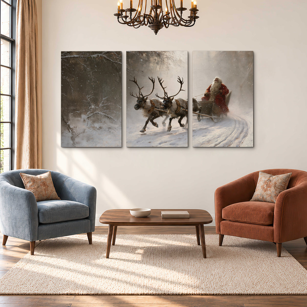 Santa riding a reindeer-drawn sleigh along a winding snowy woodland path 3 piece canvas wall art styled in an interior