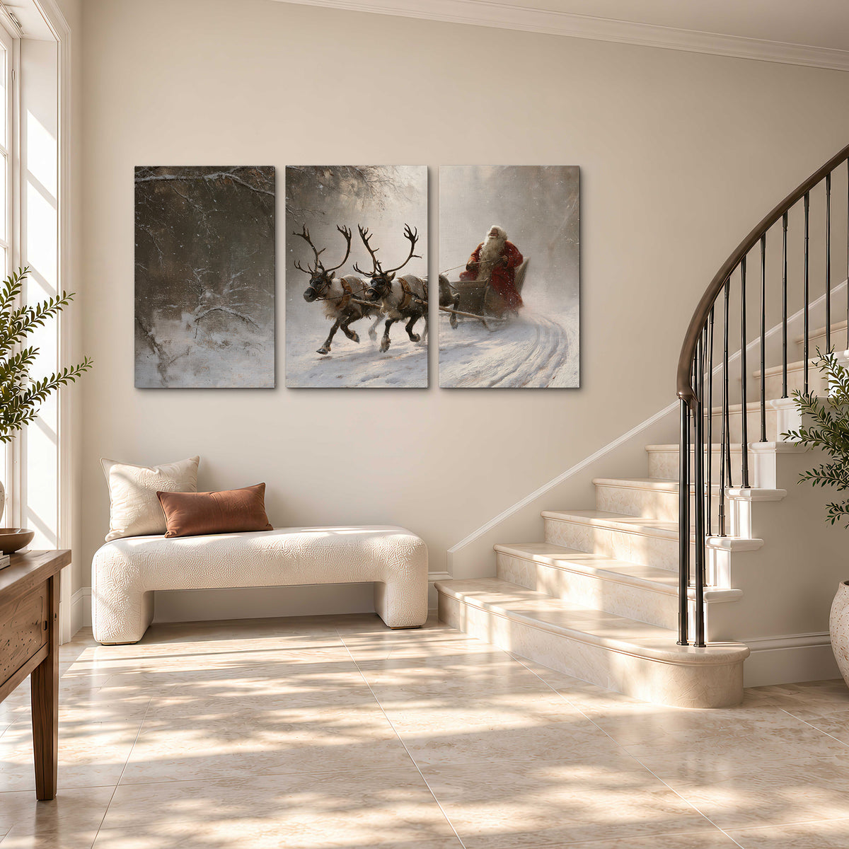Santa riding a reindeer-drawn sleigh along a winding snowy woodland path 3 piece canvas wall art styled in an interior