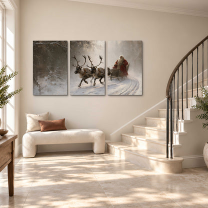 Santa riding a reindeer-drawn sleigh along a winding snowy woodland path 3 piece canvas wall art styled in an interior