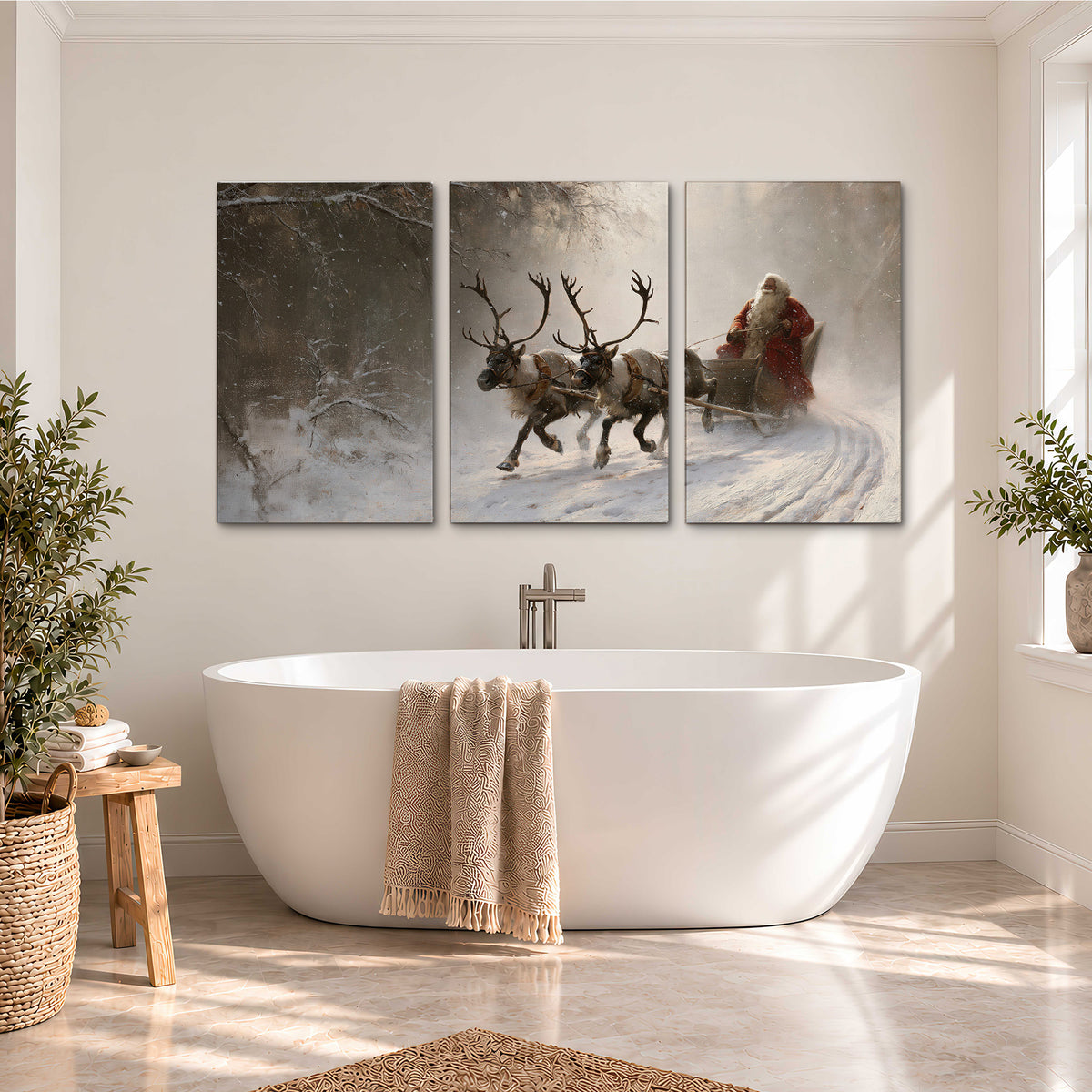 Santa riding a reindeer-drawn sleigh along a winding snowy woodland path 3 piece canvas wall art styled in an interior