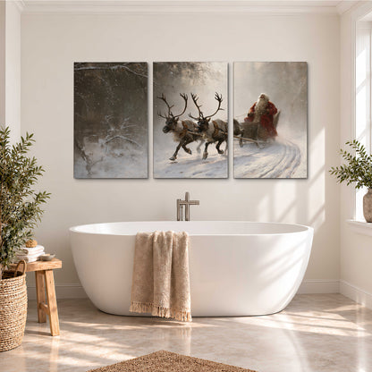 Santa riding a reindeer-drawn sleigh along a winding snowy woodland path 3 piece canvas wall art styled in an interior