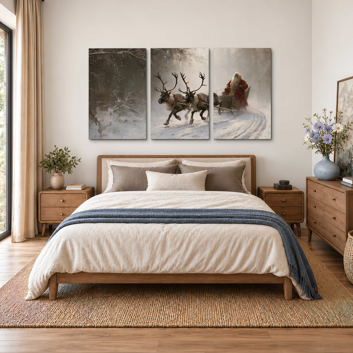 Santa riding a reindeer-drawn sleigh along a winding snowy woodland path 3 piece canvas wall art styled in an interior