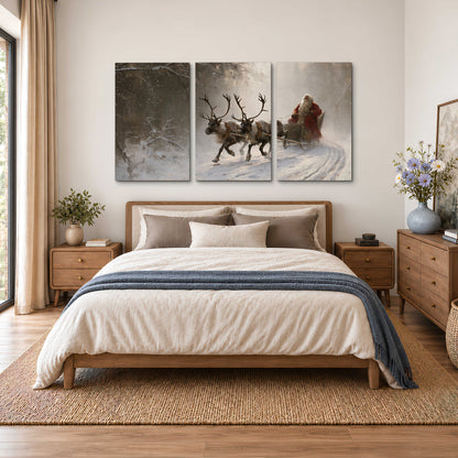 Santa riding a reindeer-drawn sleigh along a winding snowy woodland path 3 piece canvas wall art styled in an interior