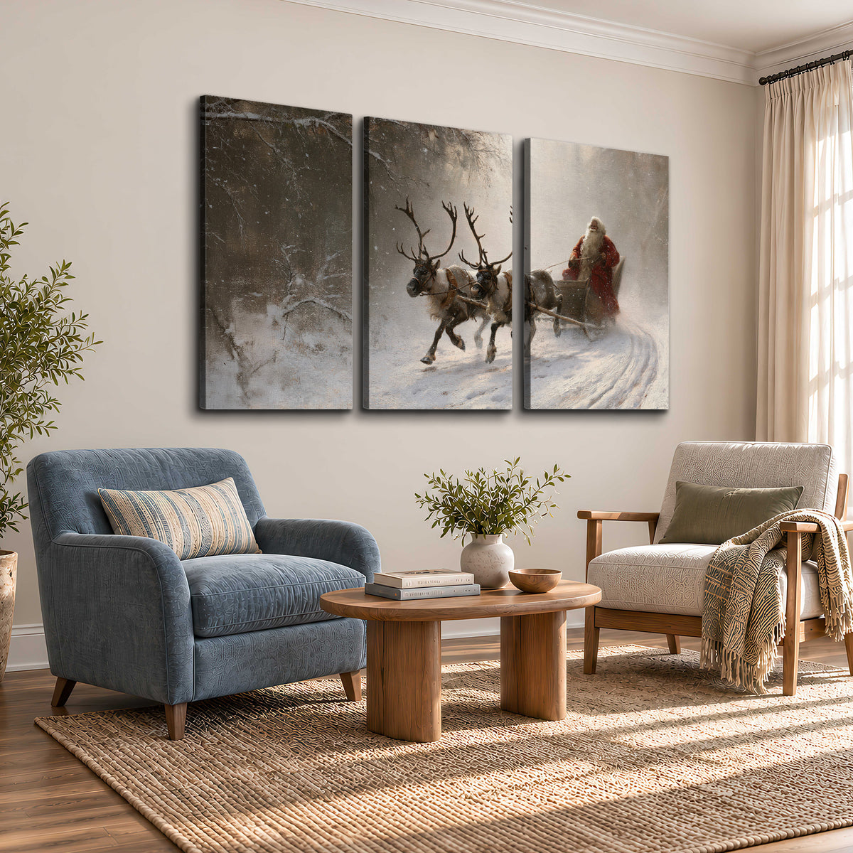 Santa riding a reindeer-drawn sleigh along a winding snowy woodland path 3 piece canvas wall art styled in an interior