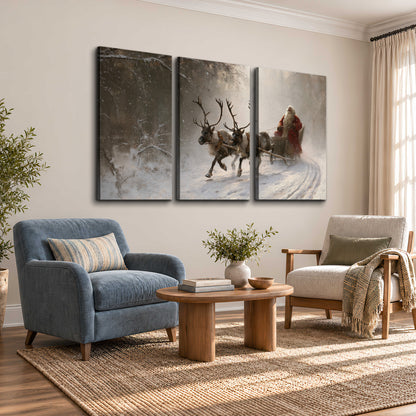 Santa riding a reindeer-drawn sleigh along a winding snowy woodland path 3 piece canvas wall art styled in an interior