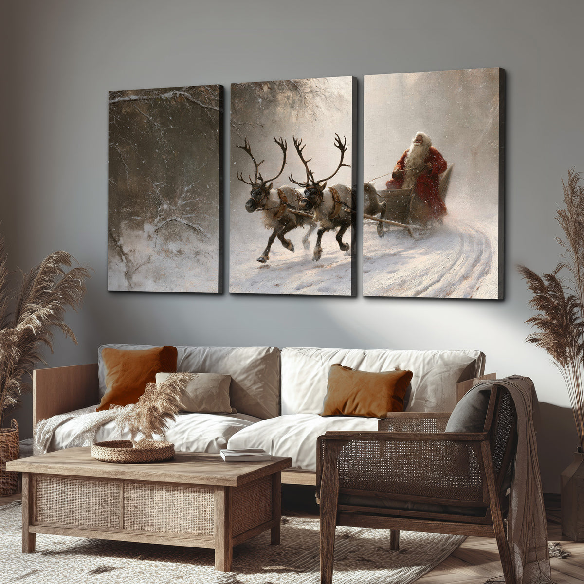 Santa riding a reindeer-drawn sleigh along a winding snowy woodland path 3 piece canvas wall art displayed in a rustic living room