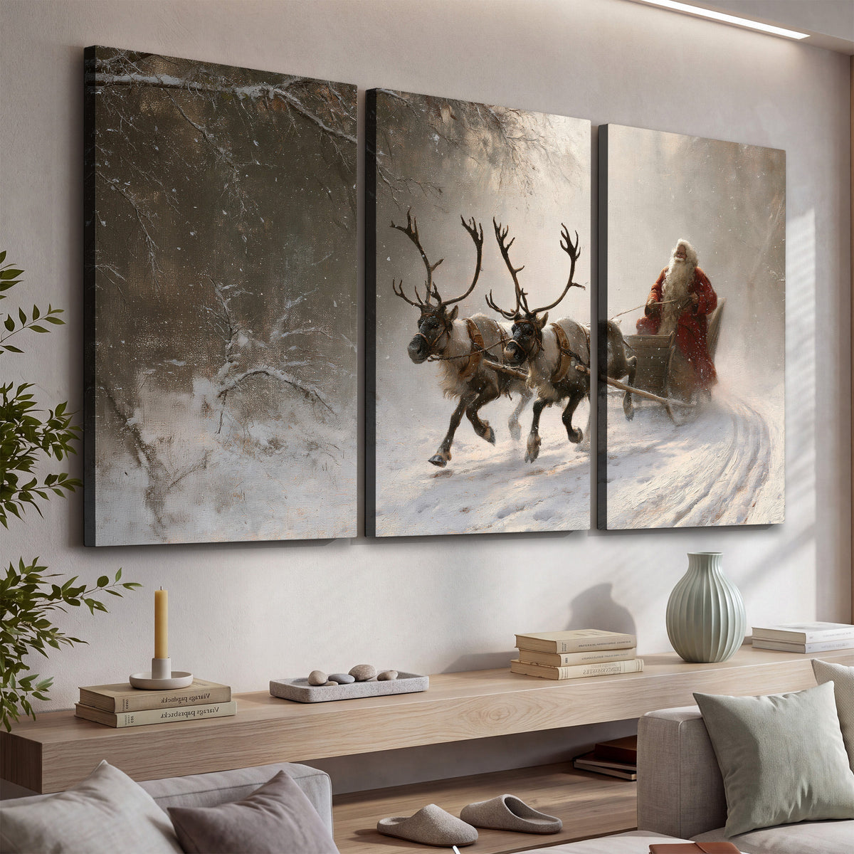 Santa riding a reindeer-drawn sleigh along a winding snowy woodland path 3 piece canvas wall art displayed in a console