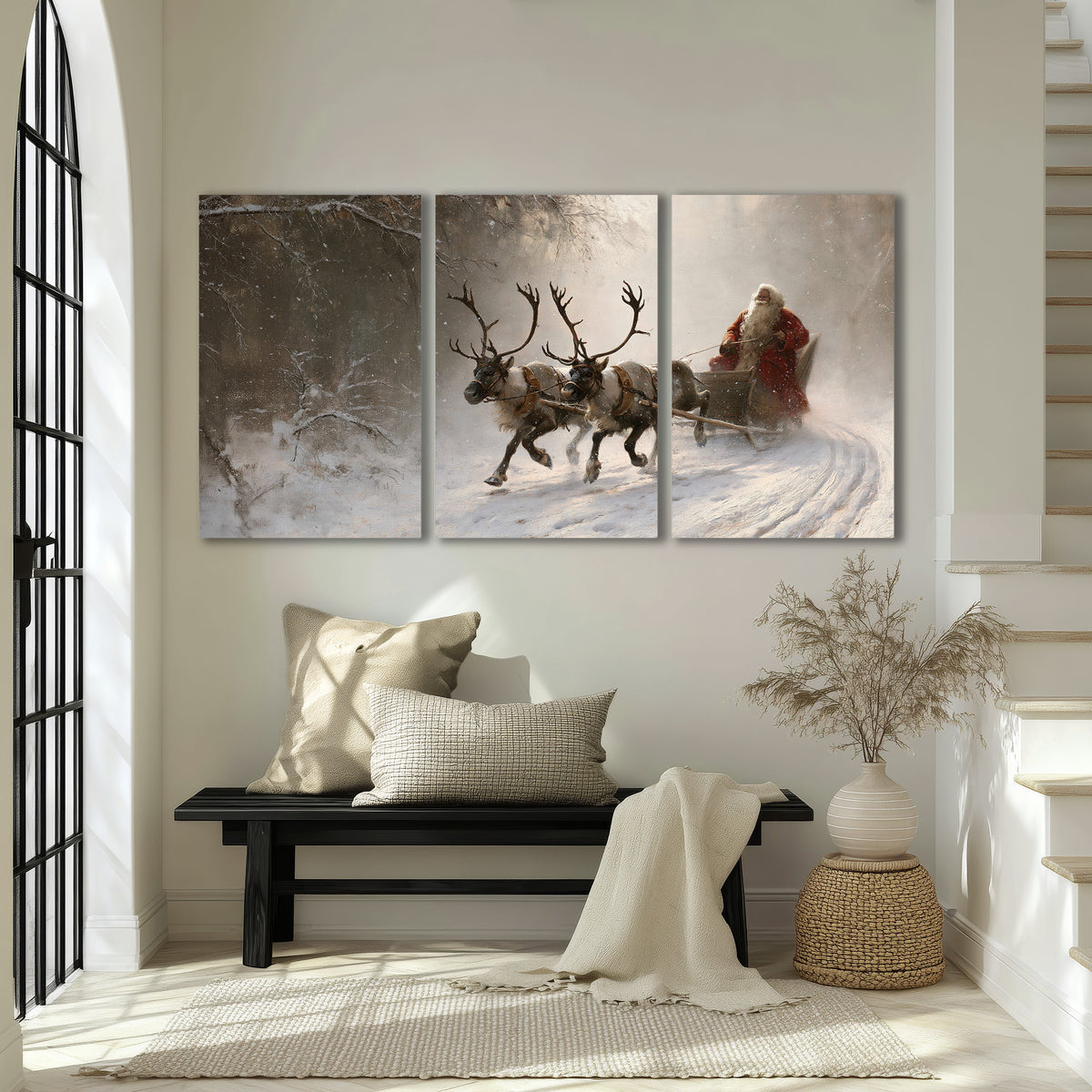 Santa riding a reindeer-drawn sleigh along a winding snowy woodland path 3 piece canvas wall art displayed in a entryway