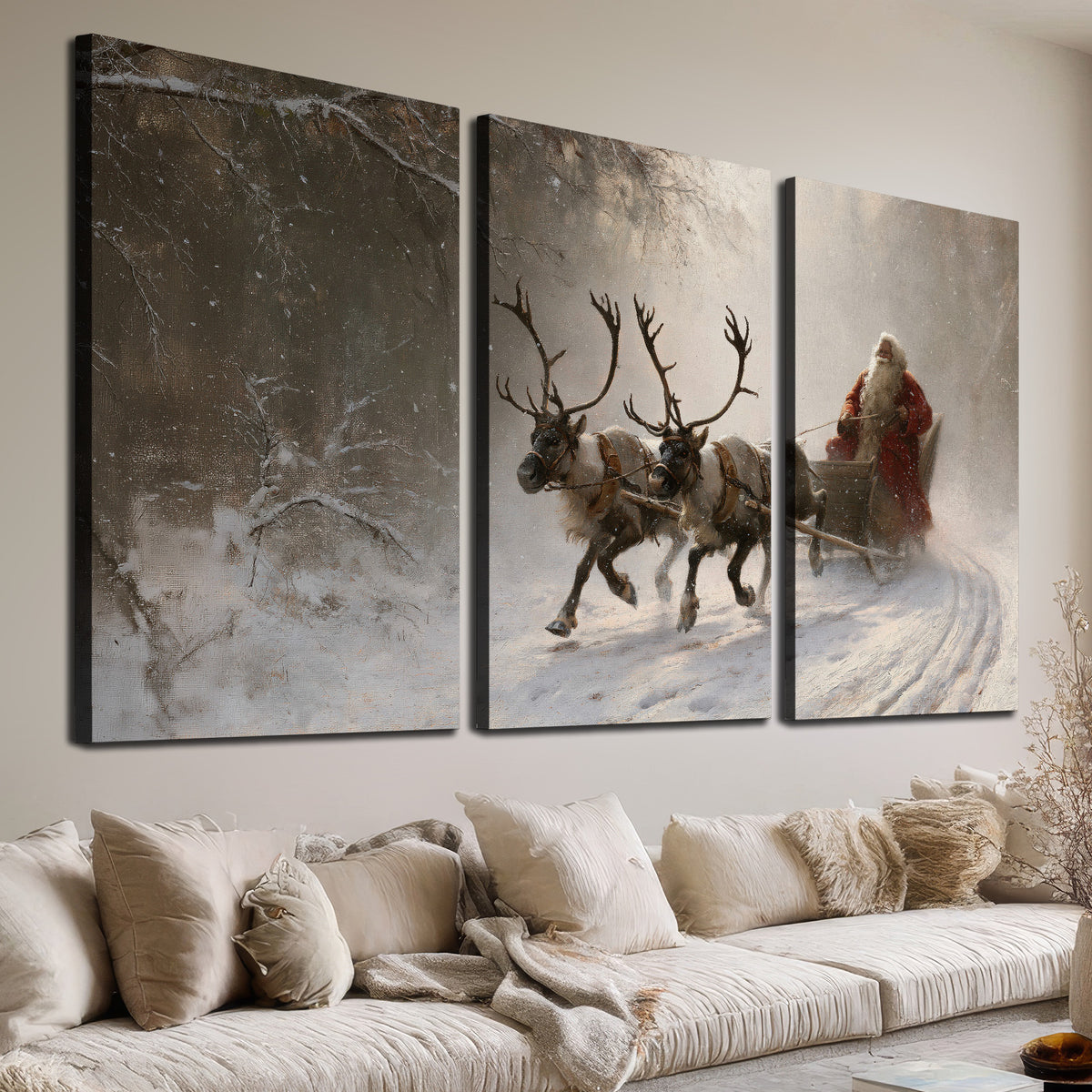 Santa riding a reindeer-drawn sleigh along a winding snowy woodland path 3 piece canvas wall art room and product view