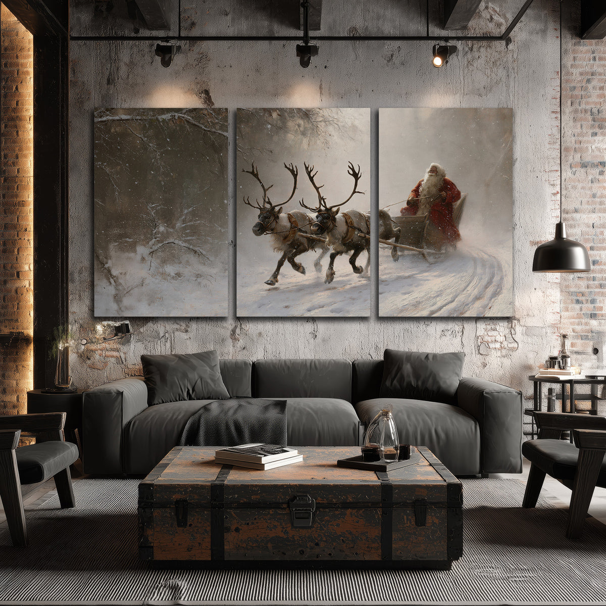 Santa riding a reindeer-drawn sleigh along a winding snowy woodland path 3 piece canvas wall art displayed in a industrial room
