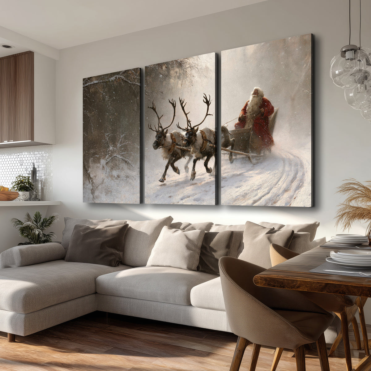Santa riding a reindeer-drawn sleigh along a winding snowy woodland path 3 piece canvas wall art room and product view