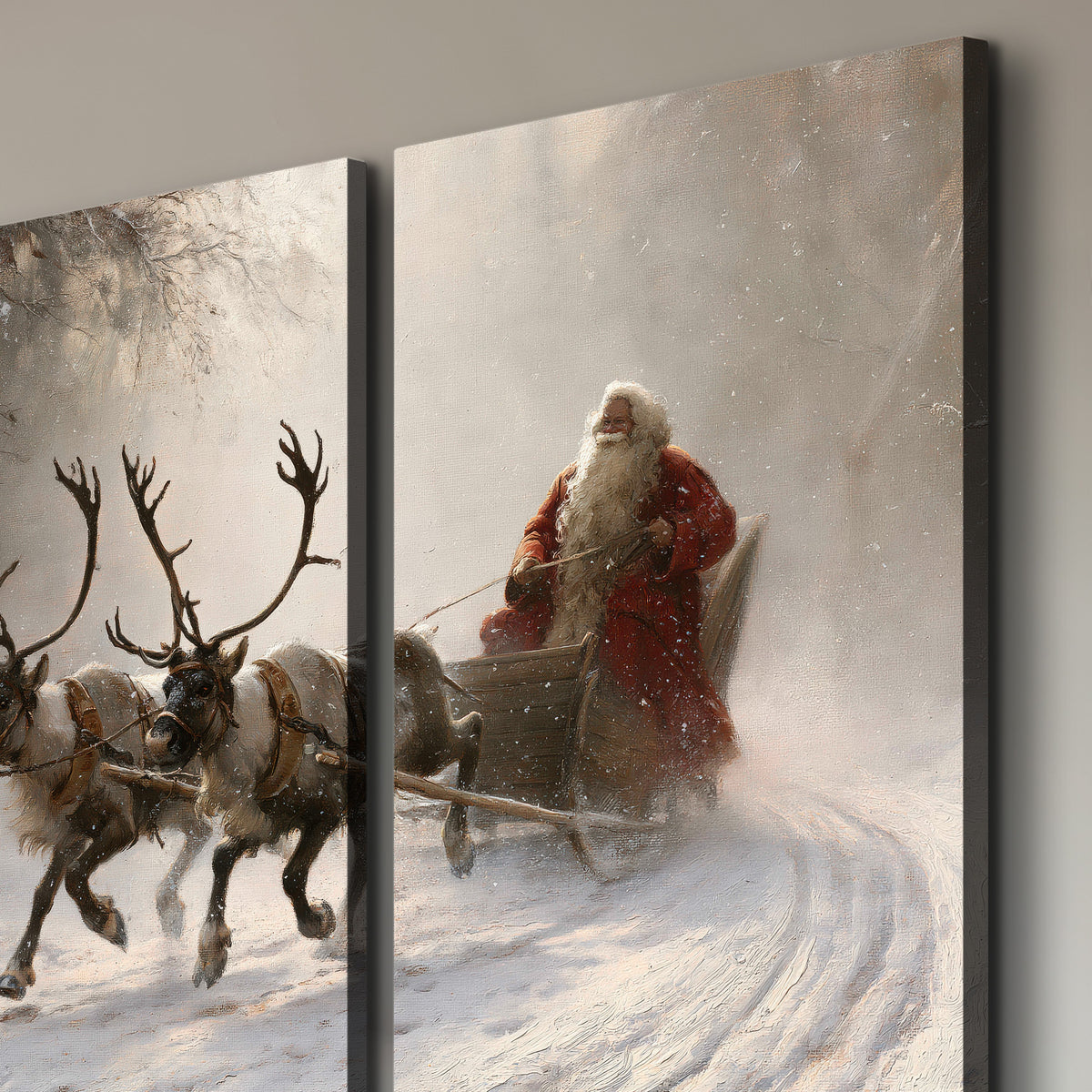 Santa riding a reindeer-drawn sleigh along a winding snowy woodland path 3 piece canvas wall art room and product view