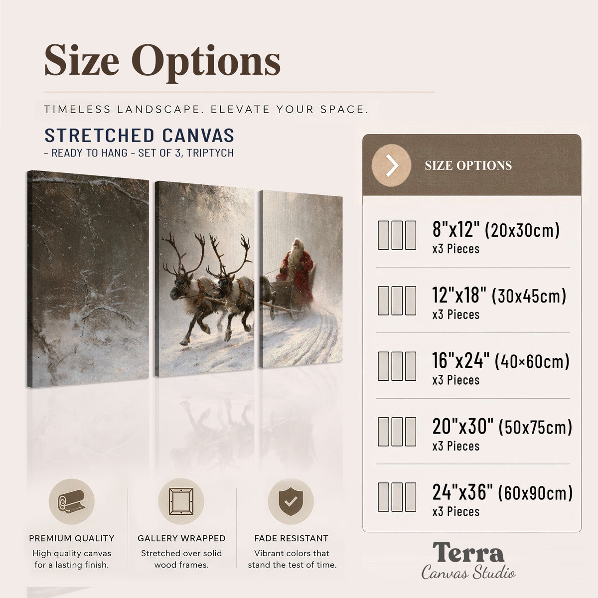 Santa riding a reindeer-drawn sleigh along a winding snowy woodland path 3 piece canvas wall art available dimensions; triptych dimensions are per panel