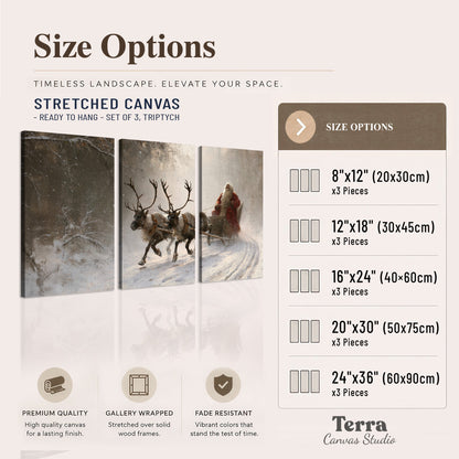 Santa riding a reindeer-drawn sleigh along a winding snowy woodland path 3 piece canvas wall art available dimensions; triptych dimensions are per panel