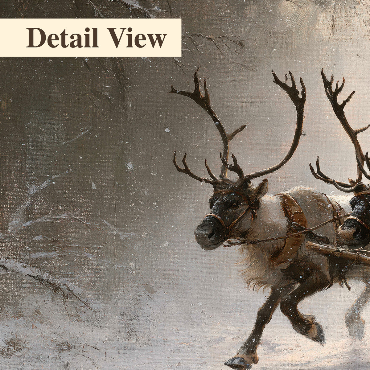 Santa riding a reindeer-drawn sleigh along a winding snowy woodland path 3 piece canvas wall art artwork detail close up