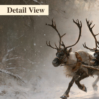 Santa riding a reindeer-drawn sleigh along a winding snowy woodland path 3 piece canvas wall art artwork detail close up