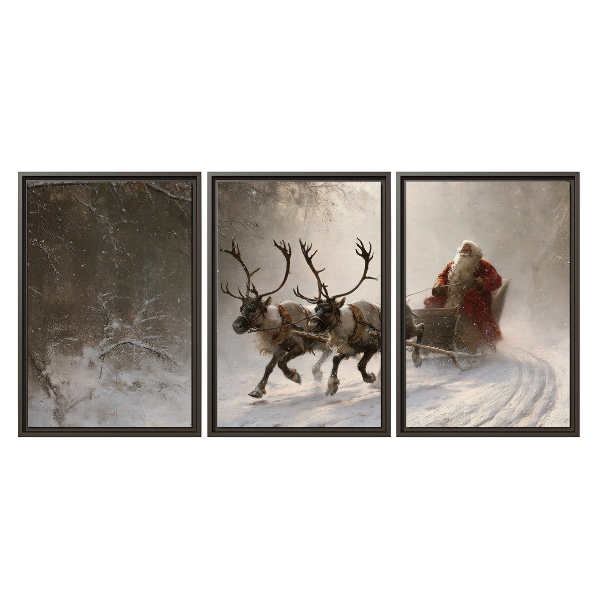 Santa riding a reindeer-drawn sleigh along a winding snowy woodland path 3 piece framed canvas wall art viewed straight on