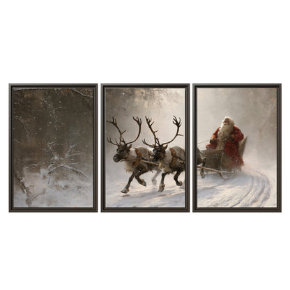 Santa riding a reindeer-drawn sleigh along a winding snowy woodland path 3 piece framed canvas wall art viewed straight on