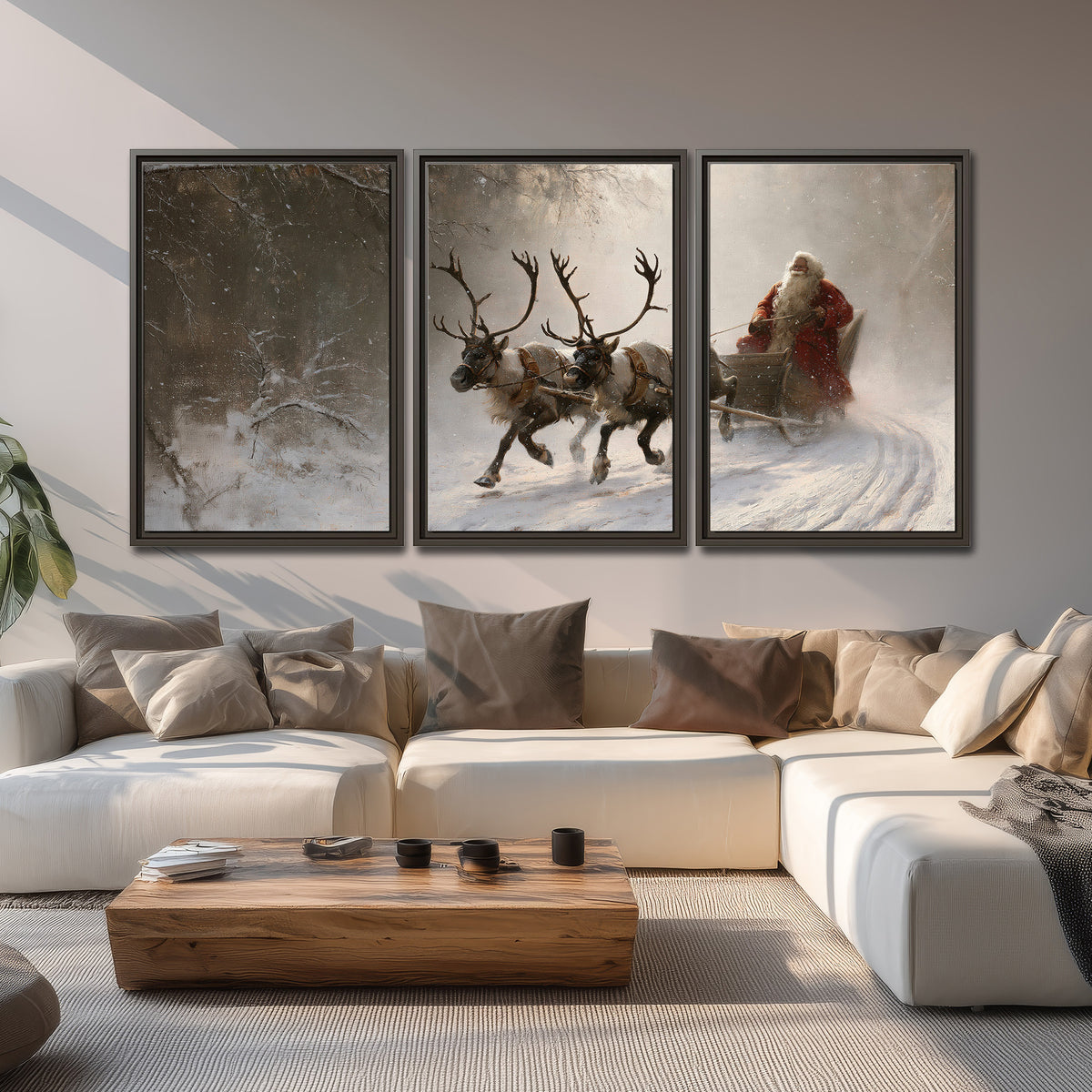 Santa riding a reindeer-drawn sleigh along a winding snowy woodland path 3 piece framed canvas wall art displayed in a living room