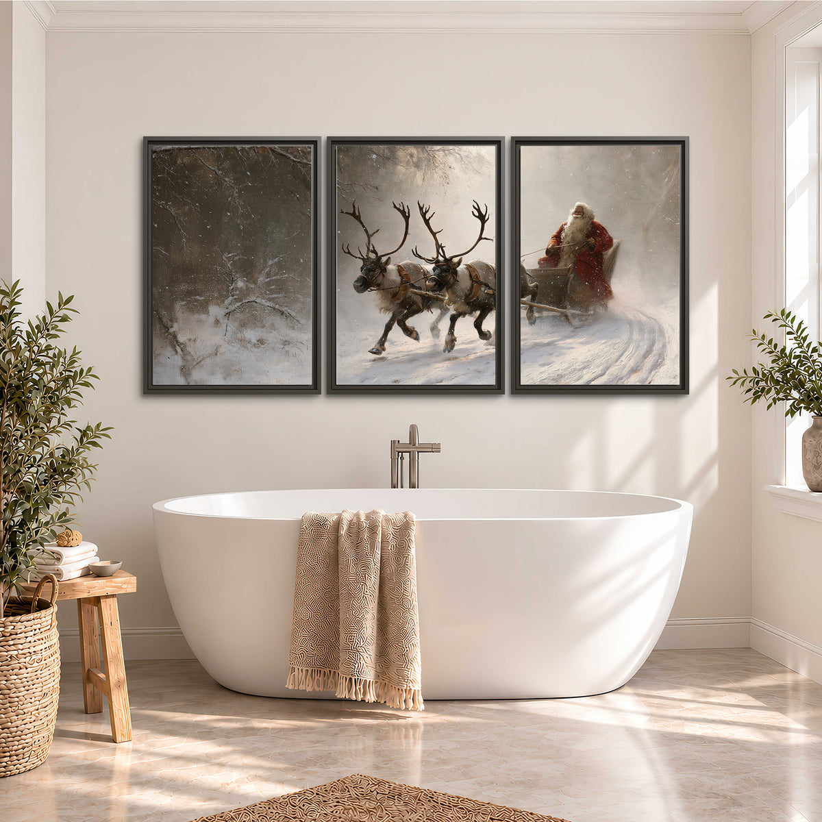 Santa riding a reindeer-drawn sleigh along a winding snowy woodland path 3 piece framed canvas wall art styled in an interior