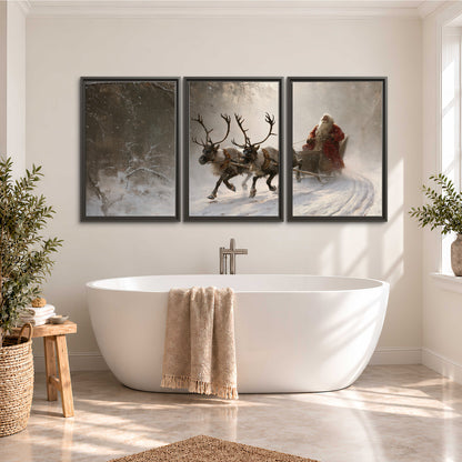 Santa riding a reindeer-drawn sleigh along a winding snowy woodland path 3 piece framed canvas wall art styled in an interior