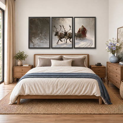 Santa riding a reindeer-drawn sleigh along a winding snowy woodland path 3 piece framed canvas wall art styled in an interior