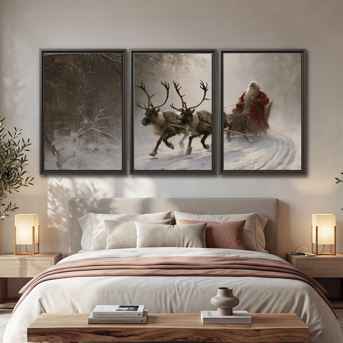 Santa riding a reindeer-drawn sleigh along a winding snowy woodland path 3 piece framed canvas wall art displayed in a bedroom