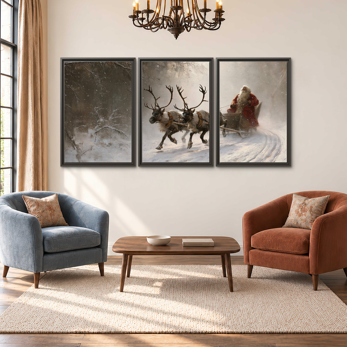 Santa riding a reindeer-drawn sleigh along a winding snowy woodland path 3 piece framed canvas wall art styled in an interior