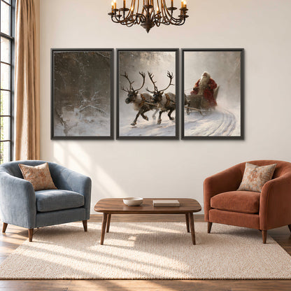 Santa riding a reindeer-drawn sleigh along a winding snowy woodland path 3 piece framed canvas wall art styled in an interior