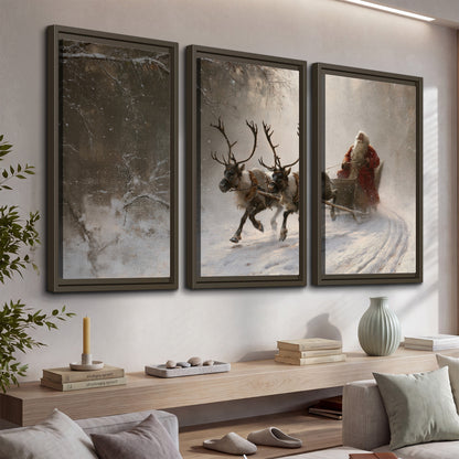 Santa riding a reindeer-drawn sleigh along a winding snowy woodland path 3 piece framed canvas wall art displayed in a console