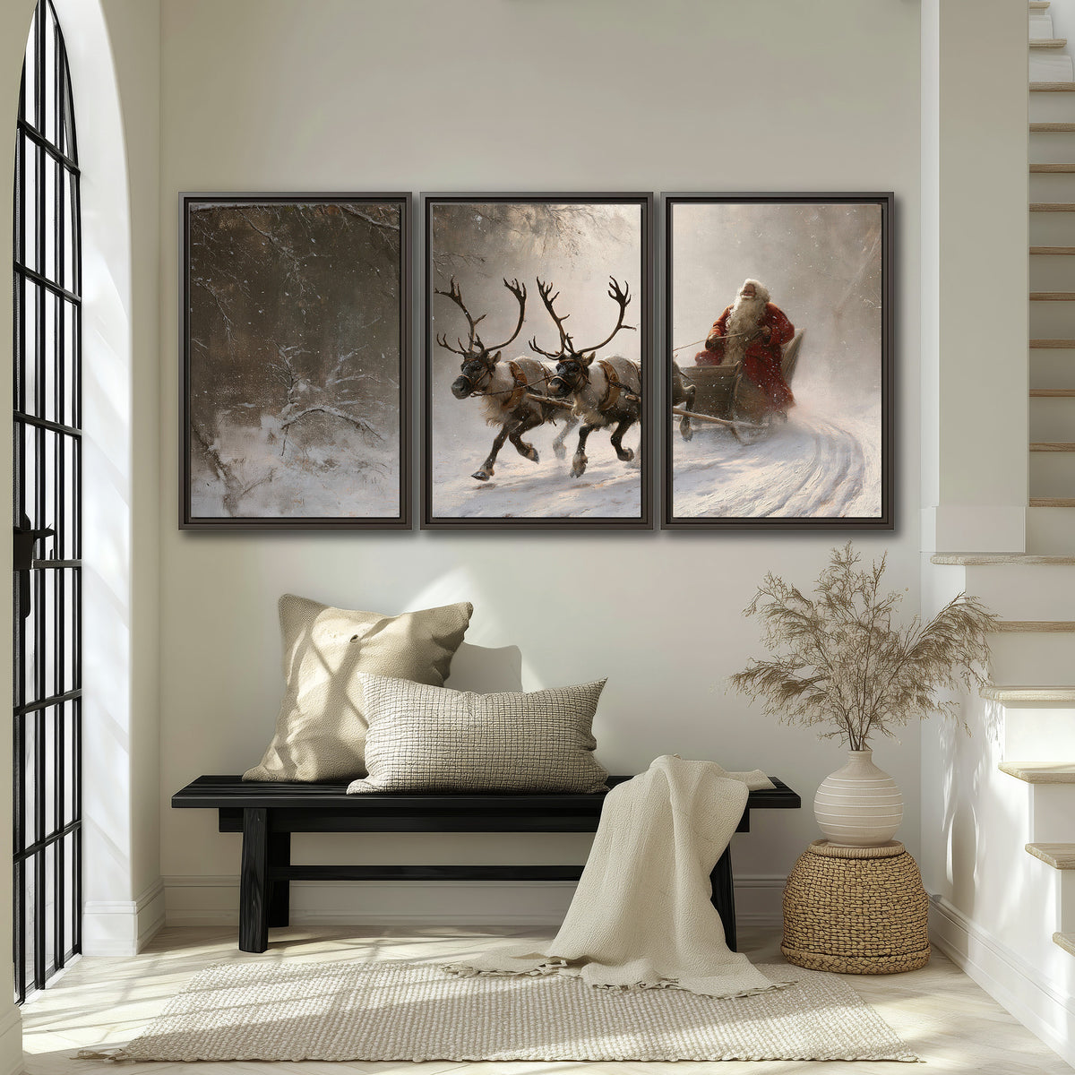 Santa riding a reindeer-drawn sleigh along a winding snowy woodland path 3 piece framed canvas wall art displayed in a entryway
