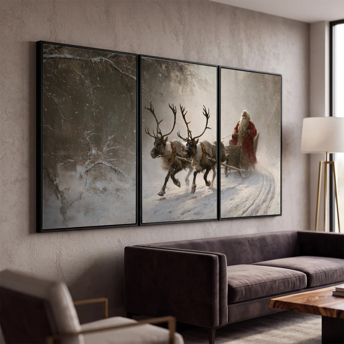 Santa riding a reindeer-drawn sleigh along a winding snowy woodland path 3 piece framed canvas wall art displayed in a modern living room