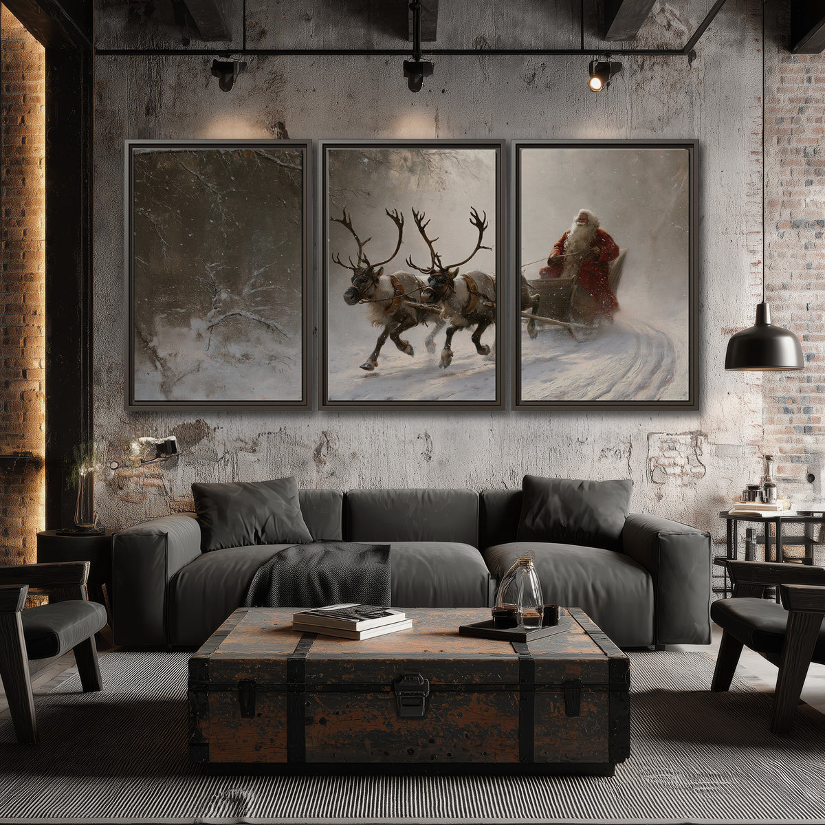 Santa riding a reindeer-drawn sleigh along a winding snowy woodland path 3 piece framed canvas wall art displayed in a industrial room