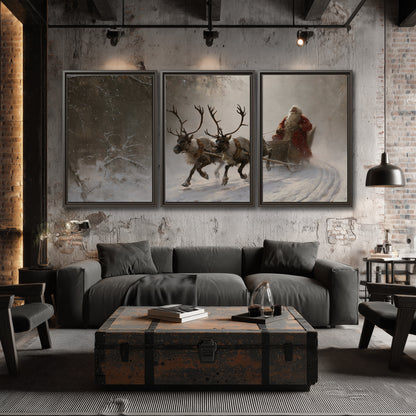 Santa riding a reindeer-drawn sleigh along a winding snowy woodland path 3 piece framed canvas wall art displayed in a industrial room