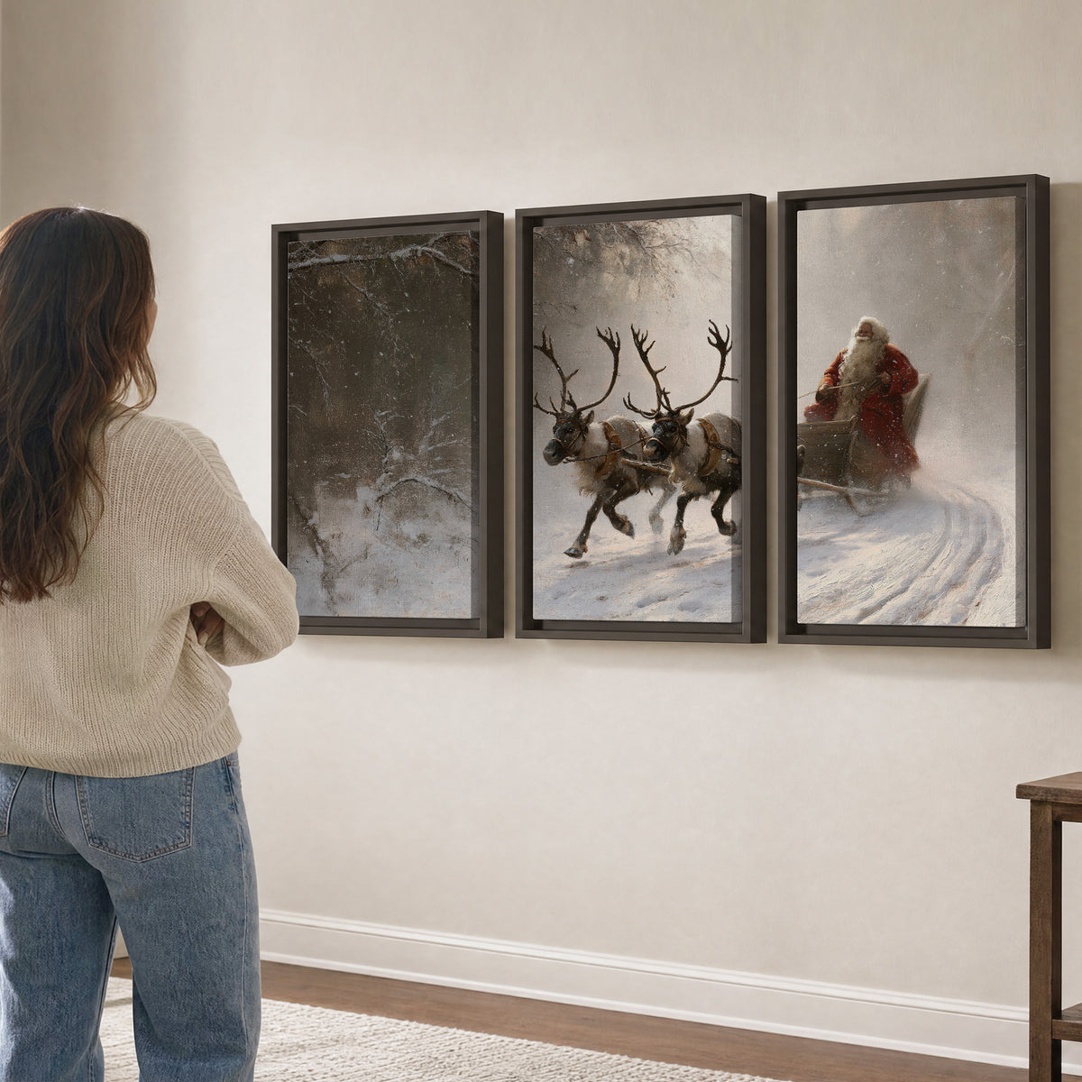 Santa riding a reindeer-drawn sleigh along a winding snowy woodland path 3 piece framed canvas wall art three panel arrangement on a wall