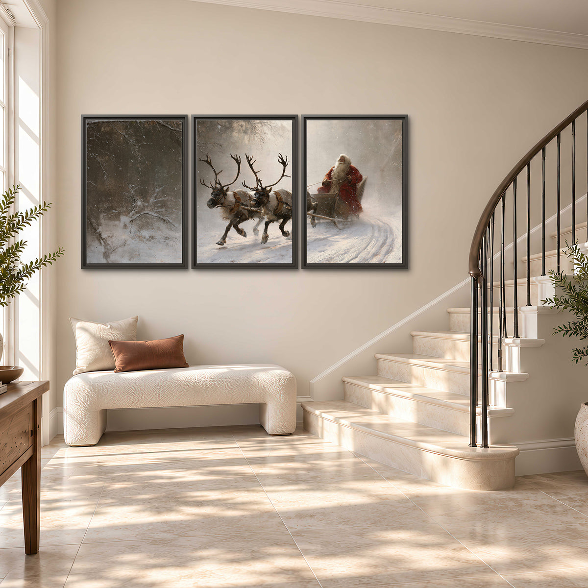 Santa riding a reindeer-drawn sleigh along a winding snowy woodland path 3 piece framed canvas wall art styled in an interior