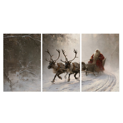 Santa riding a reindeer-drawn sleigh along a winding snowy woodland path set of 3 poster prints viewed straight on