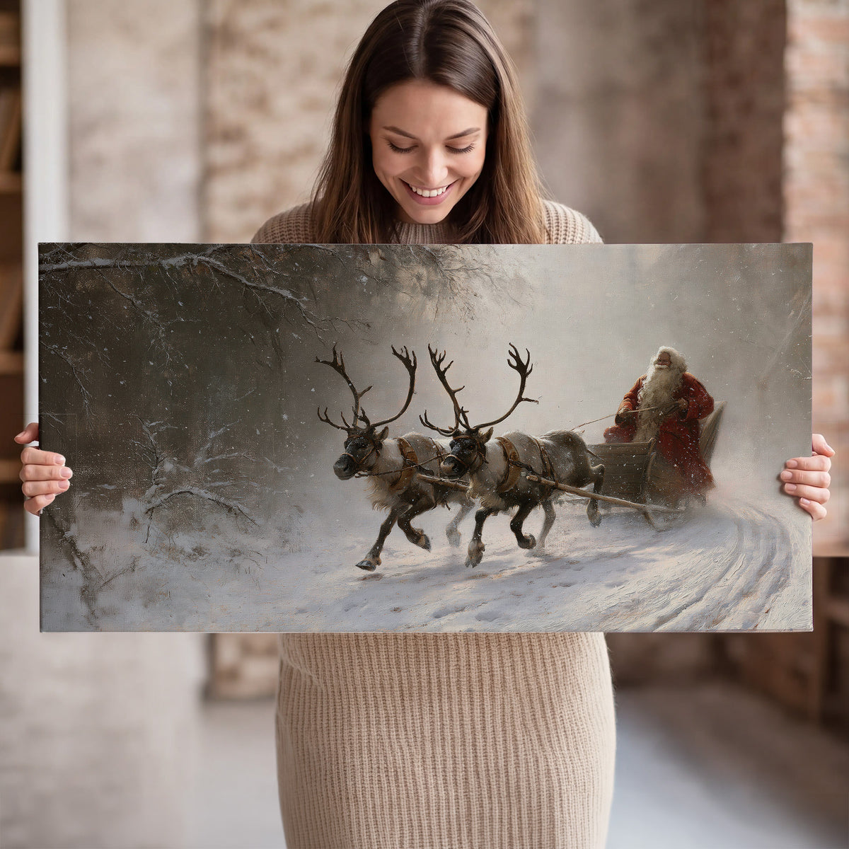 Santa riding a reindeer-drawn sleigh along a winding snowy woodland path single canvas wall art held in hands