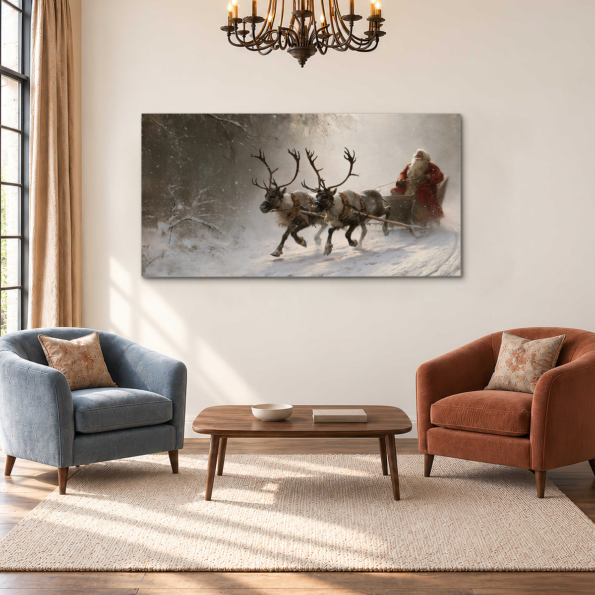 Santa riding a reindeer-drawn sleigh along a winding snowy woodland path single canvas wall art styled in an interior