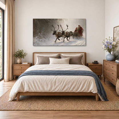 Santa riding a reindeer-drawn sleigh along a winding snowy woodland path single canvas wall art styled in an interior