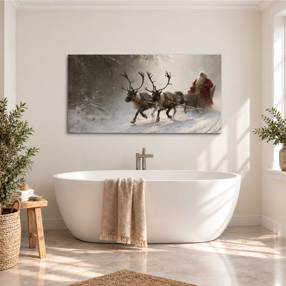 Santa riding a reindeer-drawn sleigh along a winding snowy woodland path single canvas wall art styled in an interior