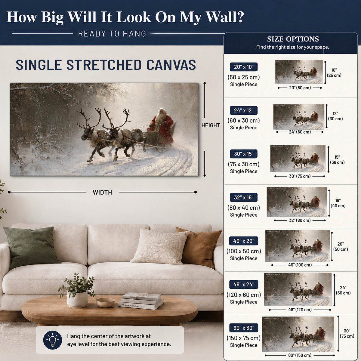 Santa riding a reindeer-drawn sleigh along a winding snowy woodland path single canvas wall art size guide above a sofa; room view is illustrative