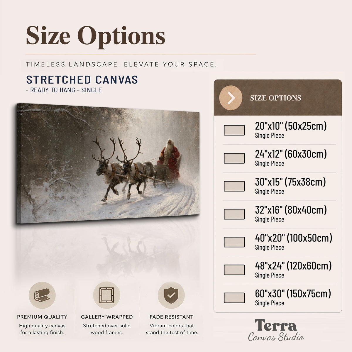 Santa riding a reindeer-drawn sleigh along a winding snowy woodland path single canvas wall art available dimensions