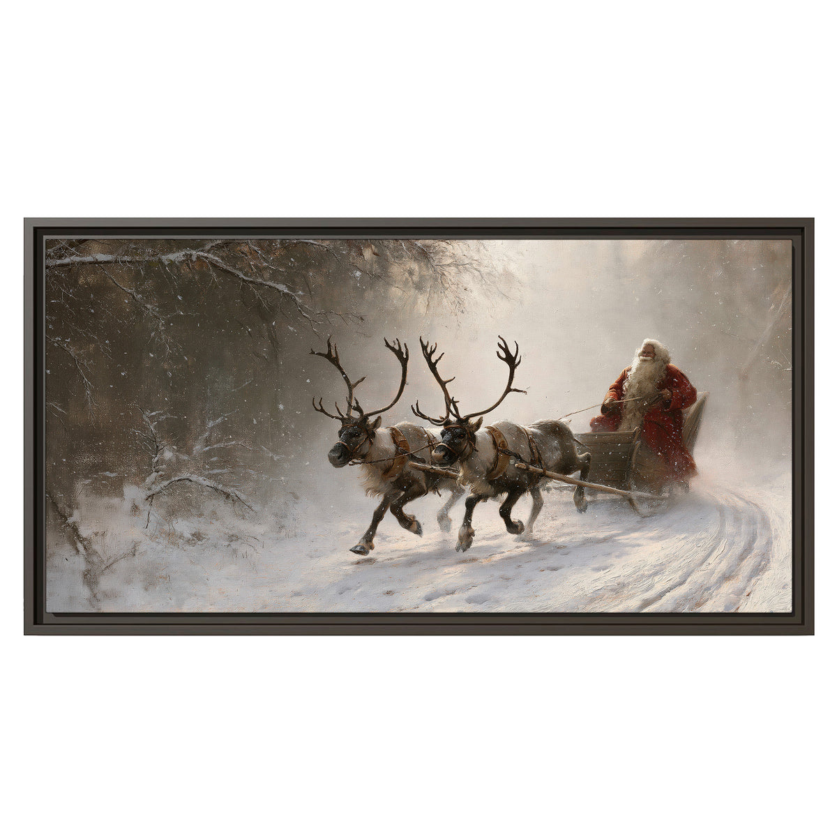 Santa riding a reindeer-drawn sleigh along a winding snowy woodland path single framed canvas wall art viewed straight on