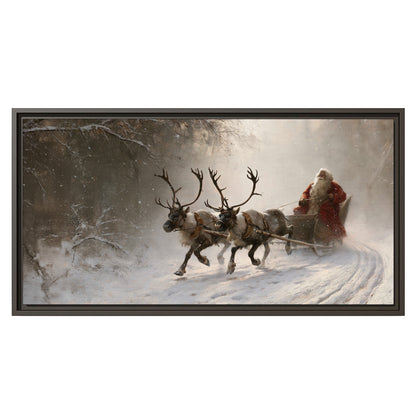 Santa riding a reindeer-drawn sleigh along a winding snowy woodland path single framed canvas wall art viewed straight on