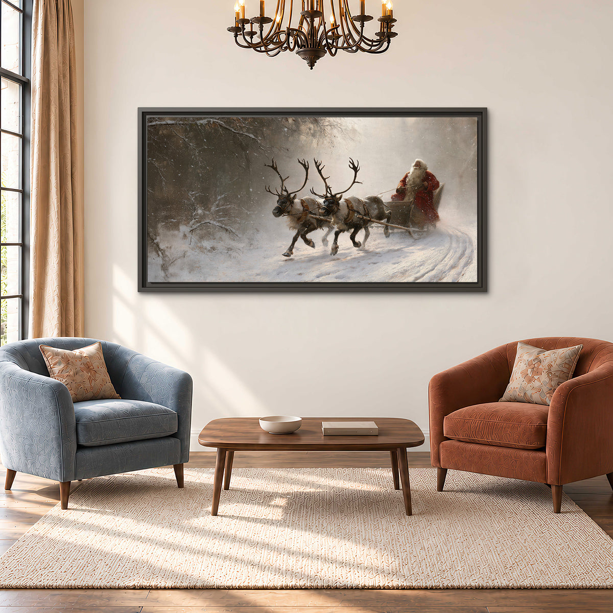 Santa riding a reindeer-drawn sleigh along a winding snowy woodland path single framed canvas wall art styled in an interior