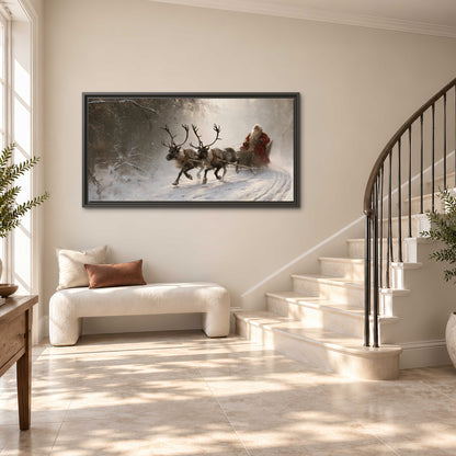 Santa riding a reindeer-drawn sleigh along a winding snowy woodland path single framed canvas wall art styled in an interior